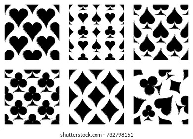 Vector set of seamless grunge patterns. Grungy graphic illustration of sign of playing card with ink blot, brush strokes. Endless background. Series of gaming and gambling seamless vector patterns.