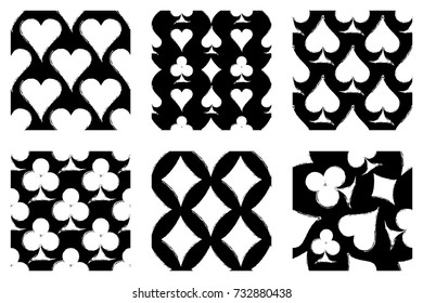 Vector set of seamless grunge patterns. Grungy graphic illustration of sign of playing card with ink blot, brush strokes. Endless background. Series of gaming and gambling seamless vector patterns.