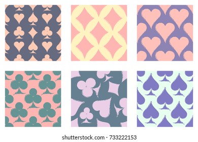 Vector set of seamless grunge patterns. Grungy graphic illustration of sign of playing card with ink blot, brush strokes. Endless background. Series of gaming and gambling seamless vector patterns.
