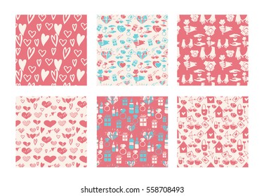 Vector set of seamless hand drawn patterns. Love, romance, valentines, wedding, couple, relationship theme. Red patterns for textile, paper, book, game, cards, banner, web design.