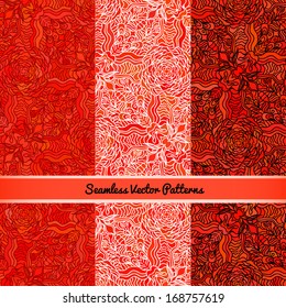 Vector Set of Seamless Hand-drawn Red Abstract Patterns. 