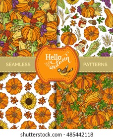 Vector set of seamless harvest patterns. Plenty of fruits and vegetables. Pumpkin, corn, wheat, nut, berry, mushroom, grape, jam, sunflower, apple, pear. Boundless pattern.Fall time. Thanksgiving day.