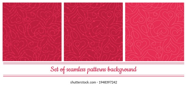 Vector set of seamless heart patterns. Different backgrounds, red and pink shades. Line art. Suitable for Valentine's day. Vector illustration