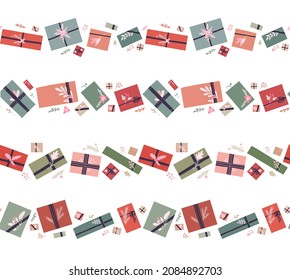 Vector set of seamless holiday border with hygge gift boxes with ribbons and branches decorations. Collection with frieze of presents in pastel colors and stems with foliage and berries.