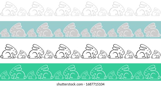 vector set of seamless horizontal borders from a bunny and a hare drawn by one line; cute gray rabbits; hand drawn. Happy easter, for greeting card, decoration, easter symbol.