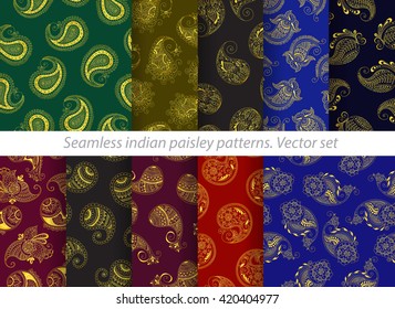 Vector set of seamless indian paisley pattern. Stock mehndi illustration for design - indian cucumbers background.