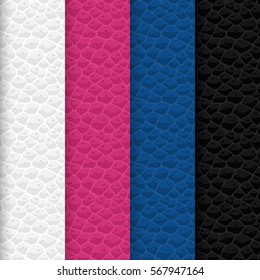 Vector set of seamless leather patterns. Colors of textures are aligned with trendy tones which have forecast by trendsetters. Here is a certain types of pink and blue tints and also white and black.