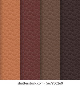 Vector set of seamless leather textures based on a brown palette. The shades of a sharp realistic patterns are aligned with established traditional colors of a caramel, chocolate, cocoa and coffee.