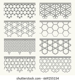 Vector set of seamless line borders with geometric repeating texture. Isolated design elements for page decoration, headline, banners, wedding invitation cards. Black lace fashion collection