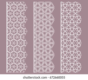 Vector set of seamless line borders with geometric repeating texture. Isolated design elements for page decoration, headline, banners, wedding invitation cards. White lace fashion collection