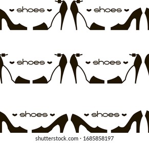 Conjunto vectorial de adornos de línea sin fisuras con simples siluetas negras de diferentes modelos de calzado femenino de tacones altos con zapatos de palabra y corazones pequeños. 