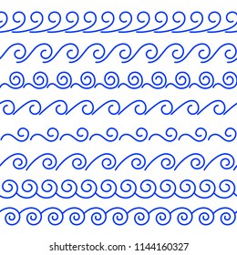 Vector set of seamless linear brushes. Abstract decorative wave of blue color on a white background. A collection of endless sea style dividers from spirals and curls to create boarder and frames