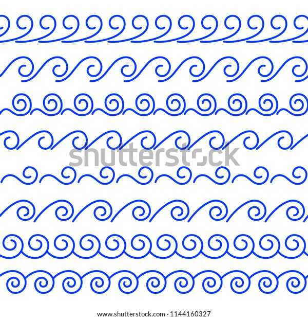 Vector set of seamless linear brushes. Abstract\
decorative wave of blue color on a white background. A collection\
of endless sea style dividers from spirals and curls to create\
boarder and frames