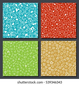 Vector set of seamless love and music patterns. Cartoon white music notes, hearts and stars on coloured backgrounds. Boundless backgrounds set. Outlined symbols and silhouettes.