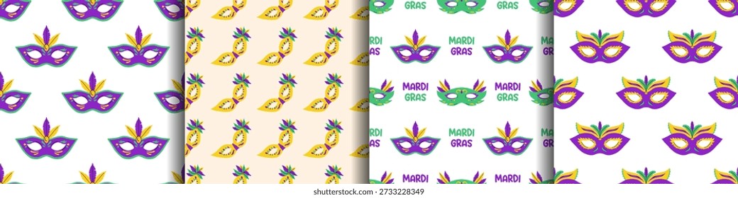 Vetor conjunto de padrão de máscara mardi gras sem costura em roxo, amarelo, cores verdes. Coleção de papel de embrulho de máscaras de carnaval festivo para festa, desfile, decoração de férias, design têxtil e digital.