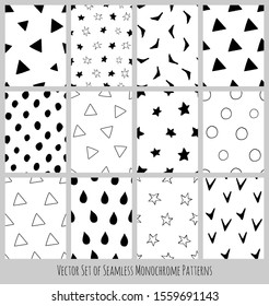 Vector set of seamless monochrome black and white patterns in simple scandinavian style. Collection of naive textures with hand drawn geometric elements. Trendy backgrounds. Polka dot designs.