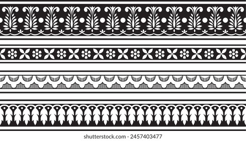 Vector set of seamless monochrome black Indian national ornament. Ethnic endless plant border. Flowers frame. Poppies and leaves.
