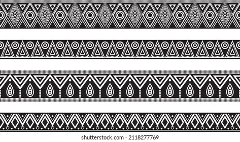 Vector set of seamless monochrome geometric Indian ornaments. Borders, frames, patterns of indigenous peoples of the Americas, Aztec, Maya, Incas.
