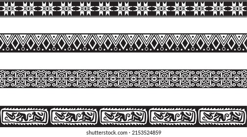 Vector set of seamless monochrome geometric Indian ornaments. Borders, frames, patterns of indigenous peoples of the Americas, Aztec, Maya, Incas.
