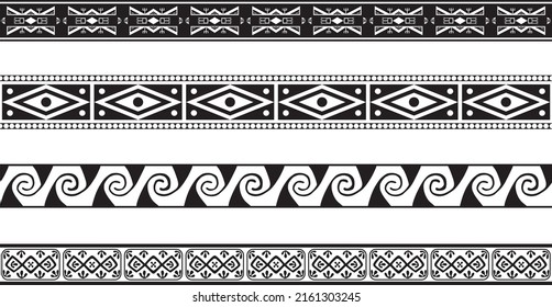 Vector set of seamless monochrome geometric Indian ornaments. Borders, frames, patterns of indigenous peoples of the Americas, Aztec, Maya, Incas.