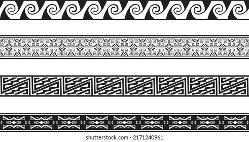 Vector set of seamless monochrome geometric Indian ornaments. Borders, frames, patterns of indigenous peoples of the Americas, Aztec, Maya, Incas.