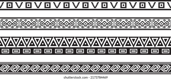 Vector set of seamless monochrome geometric Indian ornaments. Borders, frames, patterns of indigenous peoples of the Americas, Aztec, Maya, Incas.