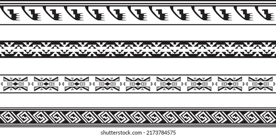 Vector set of seamless monochrome geometric Indian ornaments. Borders, frames, patterns of indigenous peoples of the Americas, Aztec, Maya, Incas.