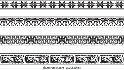 Conjunto vectorial de ornamentos nativos monocromos sin fisuras. Interminables fronteras étnicas negras, marcos de los pueblos de América, Azteca, Maya, Incas. Para el desparpajo, el trazador y el corte por láser.
