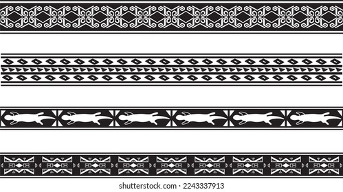 Conjunto vectorial de ornamentos nativos monocromos sin fisuras. Interminables fronteras étnicas negras, marcos de los pueblos de América, Azteca, Maya, Incas. Para el desparpajo, el trazador y el corte por láser.
