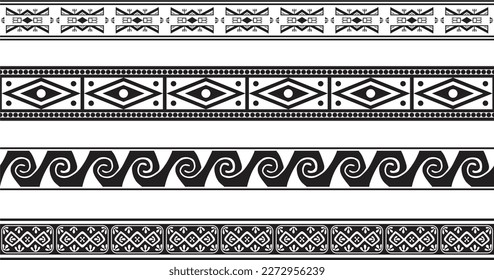 Vector set of seamless monochrome national native american ornaments. Endless ethnic black borders, frames of the peoples of America, Aztec, Maya, Incas. For sandblasting, plotter and laser cutting.
