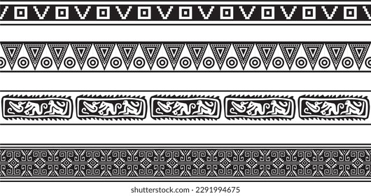 Vektorset aus nahtlosen einfarbigen nationalen einheimischen amerikanischen Ornamenten. Unendliche ethnische schwarze Grenzen, Rahmen der Völker Amerikas, Azteken, Maya, Inkas. Für Sandstrahlen, Plotter und Laserschneiden.
