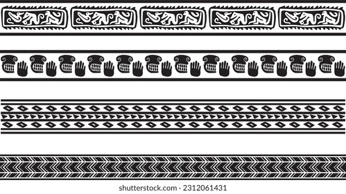 Conjunto vectorial de ornamentos nativos monocromos sin fisuras. Interminables fronteras étnicas negras, marcos de los pueblos de América, Azteca, Maya, Incas. Para el desparpajo, el trazador y el corte por láser.
