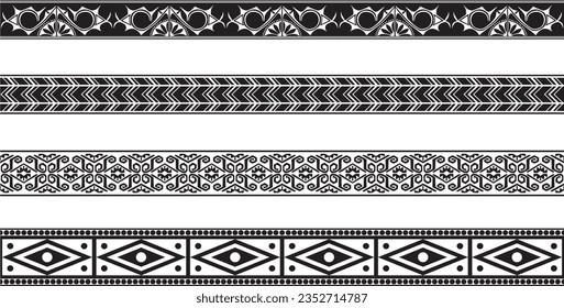 Vektorset aus nahtlosen einfarbigen nationalen einheimischen amerikanischen Ornamenten. Unendliche ethnische schwarze Grenzen, Rahmen der Völker Amerikas, Azteken, Maya, Inkas. Für Sandstrahlen, Plotter und Laserschneiden.
