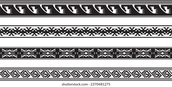 Vektorset aus nahtlosen einfarbigen nationalen einheimischen amerikanischen Ornamenten. Unendliche ethnische schwarze Grenzen, Rahmen der Völker Amerikas, Azteken, Maya, Inkas. Für Sandstrahlen, Plotter und Laserschneiden.
