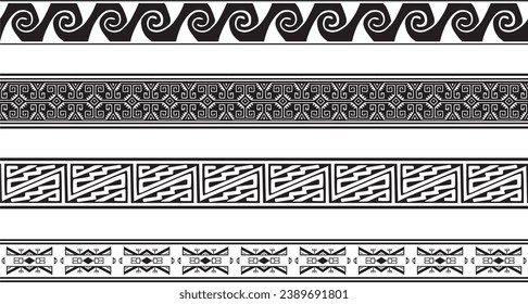 Vektorset aus nahtlosen einfarbigen nationalen einheimischen amerikanischen Ornamenten. Unendliche ethnische schwarze Grenzen, Rahmen der Völker Amerikas, Azteken, Maya, Inkas. Für Sandstrahlen, Plotter und Laserschneiden.
