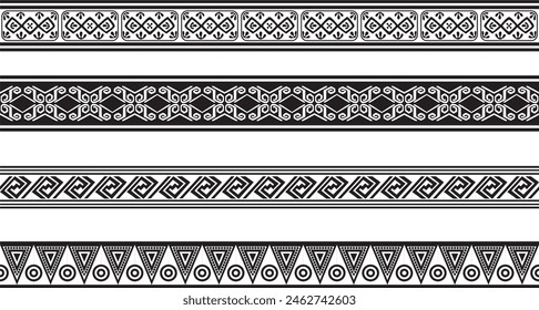 Vektorgrafik-Set von nahtlosen monochromen nationalen Native American Ornamenten. Endlose ethnische schwarze Grenzen, Rahmen der Völker Amerikas, der Azteken, der Maya, der Inkas. Zum Sandstrahlen, Plotter und Laserschneiden.
