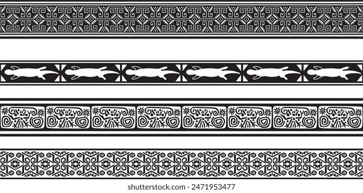 Vektorgrafik-Set von nahtlosen monochromen nationalen Native American Ornamenten. Endlose ethnische schwarze Grenzen, Rahmen der Völker Amerikas, der Azteken, der Maya, der Inkas. Zum Sandstrahlen, Plotter und Laserschneiden.
