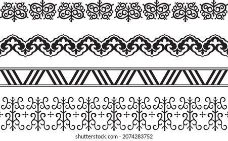 Vector set of seamless monochrome Yakut borders. Asian frames for decoration and ceramics, laser and plotter cutting. National ornaments of the peoples of the north.
