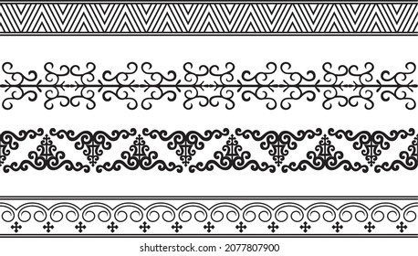 Vector set of seamless monochrome Yakut ornaments. National drawing of the peoples of the Far North. Borders and frames of endless tundra.
