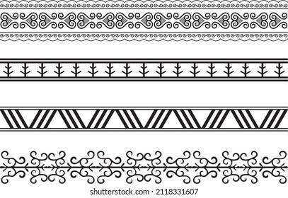 Vector Set Of Seamless Monochrome Yakut Ornaments. Borders, Frames, Patterns Of The Peoples Of The Far North, Asia, Siberia, Tundra, Taiga, Far Windmill.
