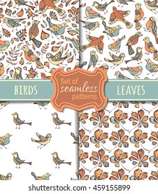 Vector set of seamless nature patterns. Hand-drawn birds and leaves on white background. Oak, maple, birch, rowan, chestnut leaves. Pastel boundless backgrounds.