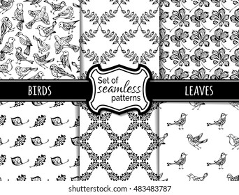 Vector set of seamless nature patterns. Hand-drawn black birds and leaves on white background. Maple, rowan, chestnut leaves. Duotone boundless backgrounds.