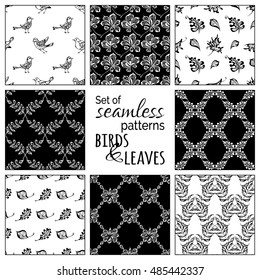 Vector set of seamless nature patterns. Hand-drawn birds and leaves. Oak, maple, birch, rowan, chestnut leaves. Black and white boundless backgrounds.