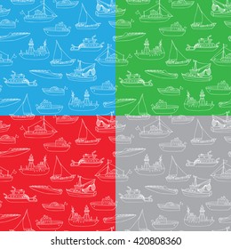 Vector set of seamless nautical patterns. Lightship, fireboat, fishing trawler, speedboat, sailboat and motorboat. White doodles cartoon vehicles on coloured backgrounds.