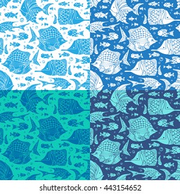 Vector set of seamless ocean patterns. Various fish silhouettes. Boundless background can be used for web page backgrounds, wallpapers, wrapping papers and invitations.