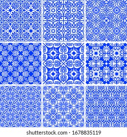 Vector set of seamless old ancient and modern greek blue patterns on a white background. Repeat art floral and geometric hellenic elegant ornament. Fashion design for print on fabric, paper, wallpaper