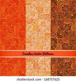 Vector Set of Seamless Orange and Yellow Hand-drawn Abstract Patterns.