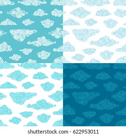 Vector set of seamless overcast patterns. Doodles hand-drawn clouds. Weather boundless blue and white backgrounds.