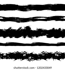 Vector Set of Seamless Painr Drawn Stipes, Brush Strokes, Black Ink Splatters on White Background.