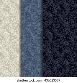 Conjunto de Vector de texturas OM de budismo paisley sin costuras: adornos asiáticos tradicionales en paletas a juego, listos para usar